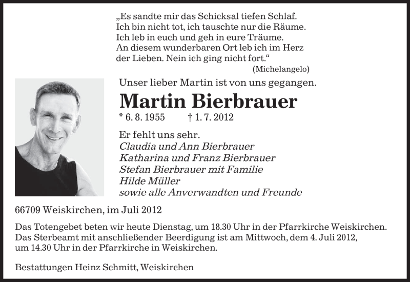  Traueranzeige für Martin Bierbrauer vom 03.07.2012 aus SAARBRÜCKER ZEITUNG