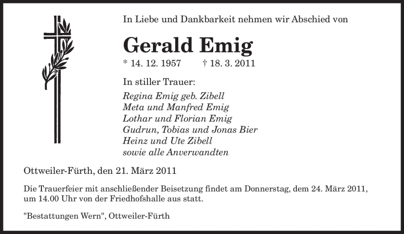  Traueranzeige für Gerald Emig vom 21.03.2011 aus SAARBRÜCKER ZEITUNG
