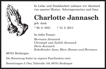 Traueranzeige von Charlotte Jannasch von SAARBRÜCKER ZEITUNG