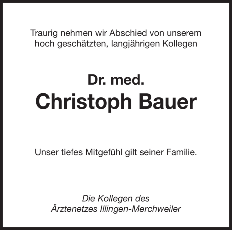  Traueranzeige für Christoph Bauer vom 21.11.2009 aus SAARBRÜCKER ZEITUNG