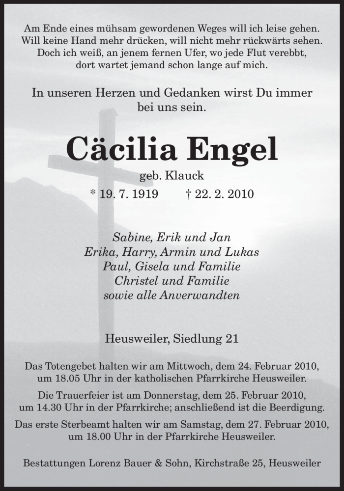  Traueranzeige für Cäcilia Engel vom 23.02.2010 aus SAARBRÜCKER ZEITUNG