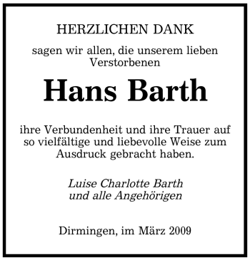 Traueranzeige von Hans Barth von SAARBRÜCKER ZEITUNG