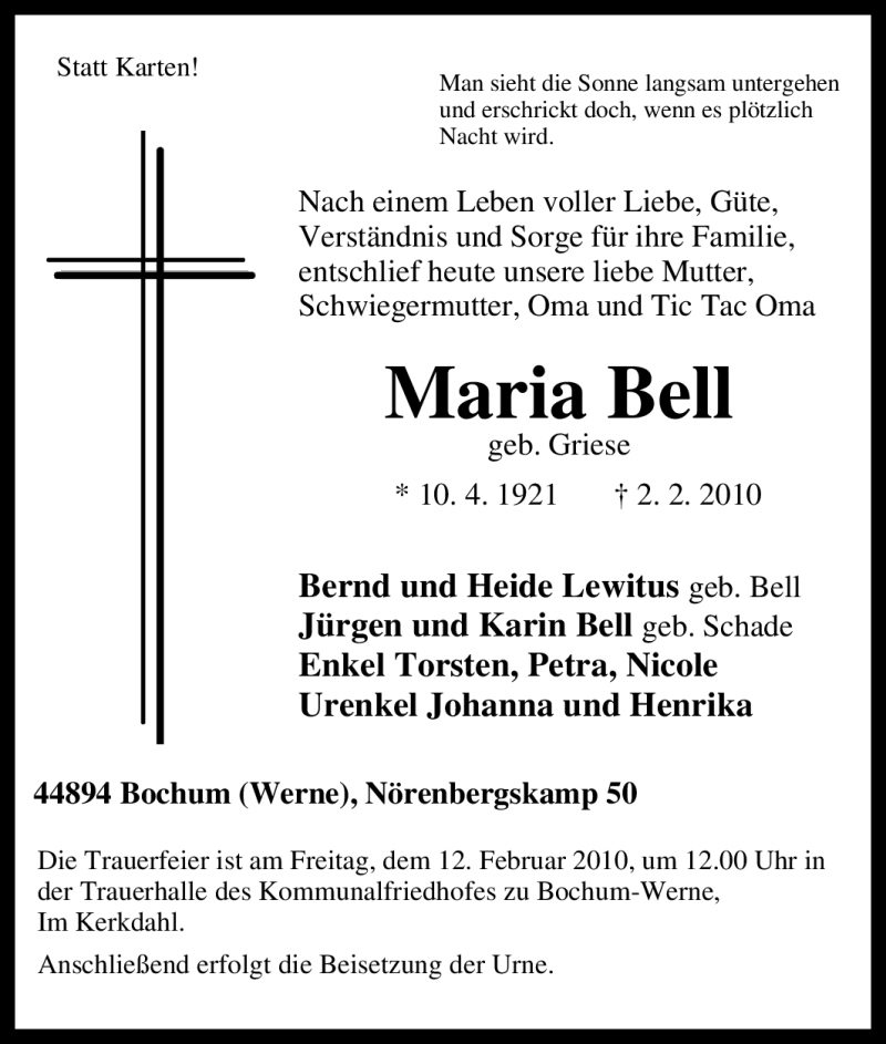  Traueranzeige für Maria Bell vom 10.02.2010 aus 