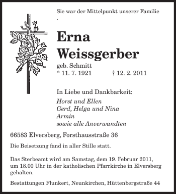 Traueranzeige von Erna Weissgerber von SAARBRÜCKER ZEITUNG