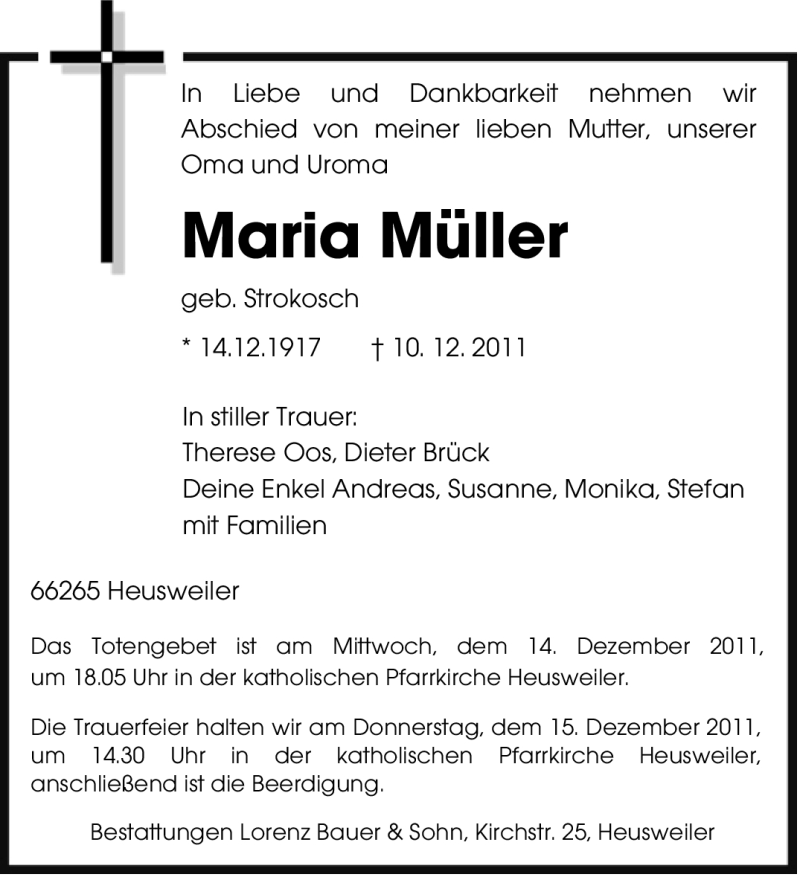  Traueranzeige für Maria Müller vom 13.12.2011 aus SAARBRÜCKER ZEITUNG