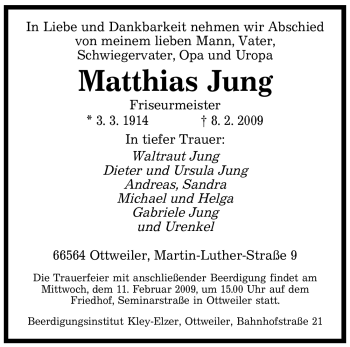 Traueranzeige von Matthias Jung von SAARBRÜCKER ZEITUNG