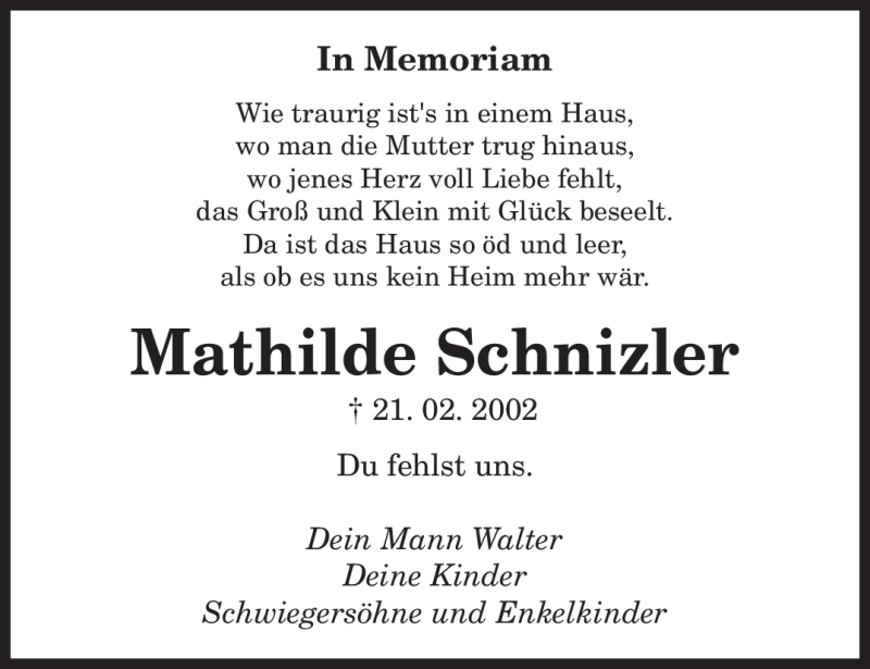  Traueranzeige für Mathilde Schnizler vom 21.02.2012 aus SAARBRÜCKER ZEITUNG