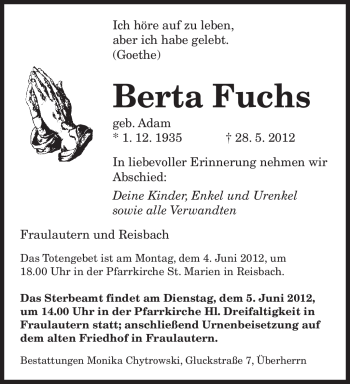 Traueranzeige von Berta Fuchs von SAARBRÜCKER ZEITUNG