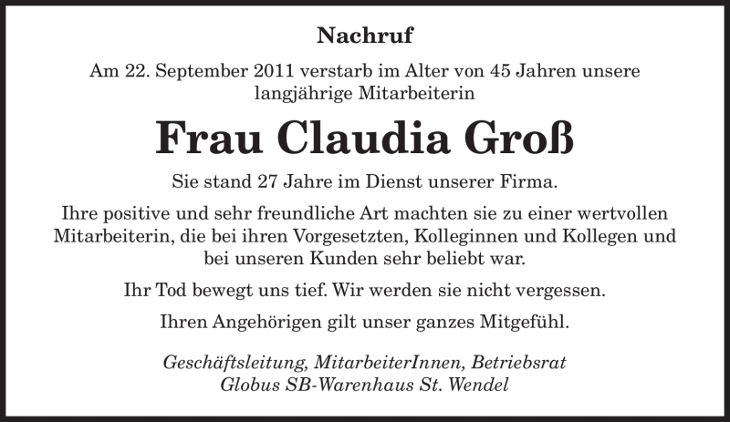  Traueranzeige für Claudia Groß vom 01.10.2011 aus SAARBRÜCKER ZEITUNG