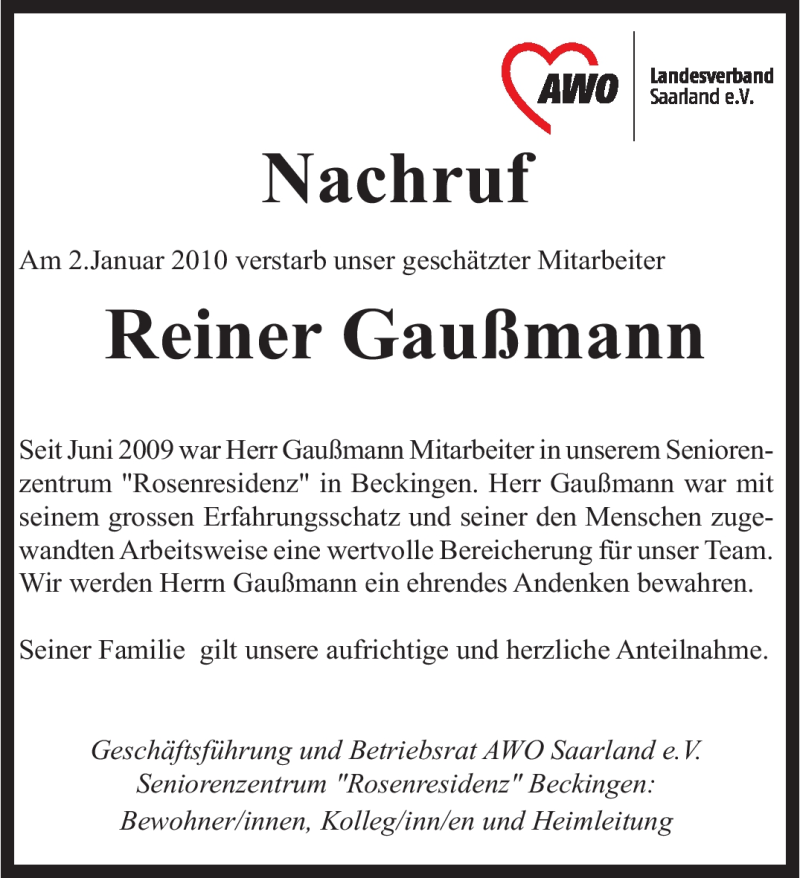  Traueranzeige für Reiner Gaußmann vom 07.01.2011 aus SAARBRÜCKER ZEITUNG