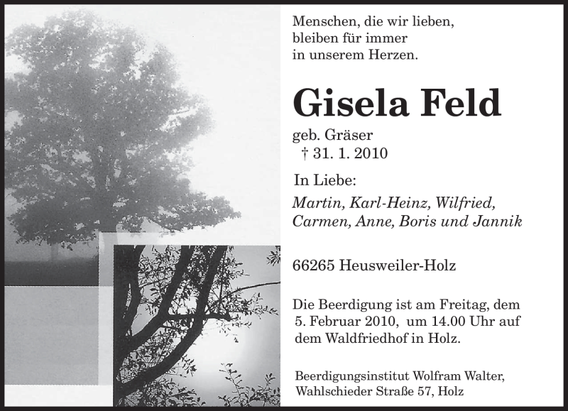  Traueranzeige für Gisela Feld vom 03.02.2010 aus SAARBRÜCKER ZEITUNG