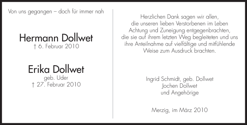  Traueranzeige für Hermann Dollwet vom 27.03.2010 aus SAARBRÜCKER ZEITUNG