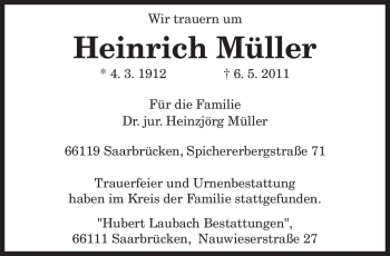 Traueranzeige von Heinrich Müller von SAARBRÜCKER ZEITUNG