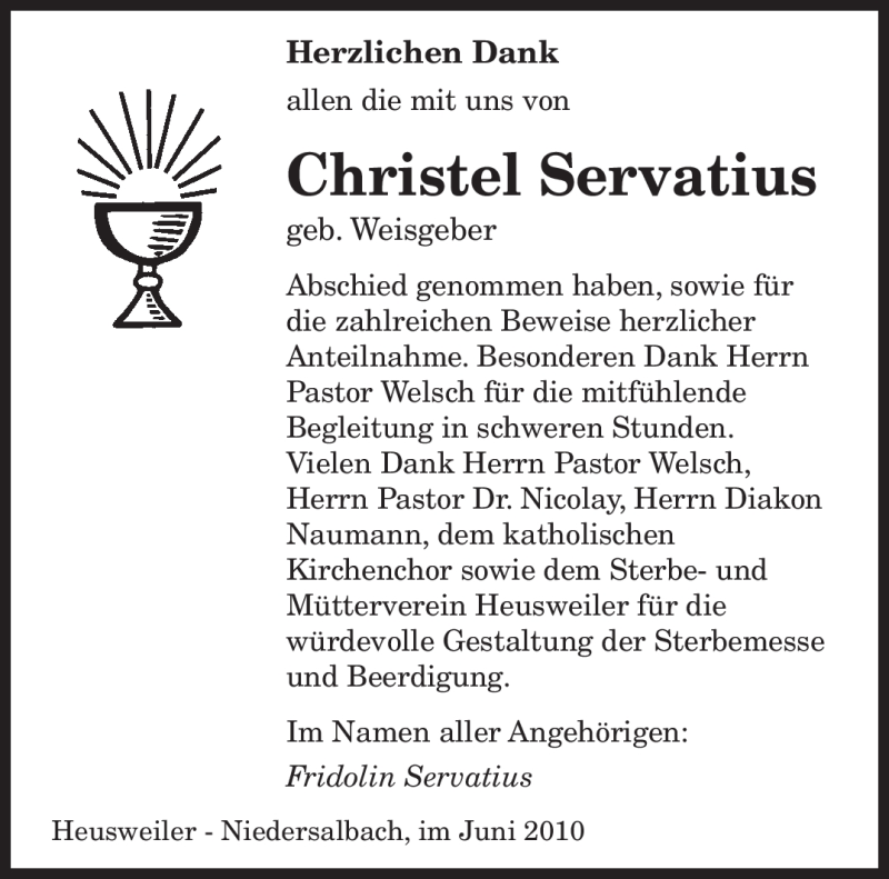  Traueranzeige für Christel Servatius vom 19.06.2010 aus SAARBRÜCKER ZEITUNG