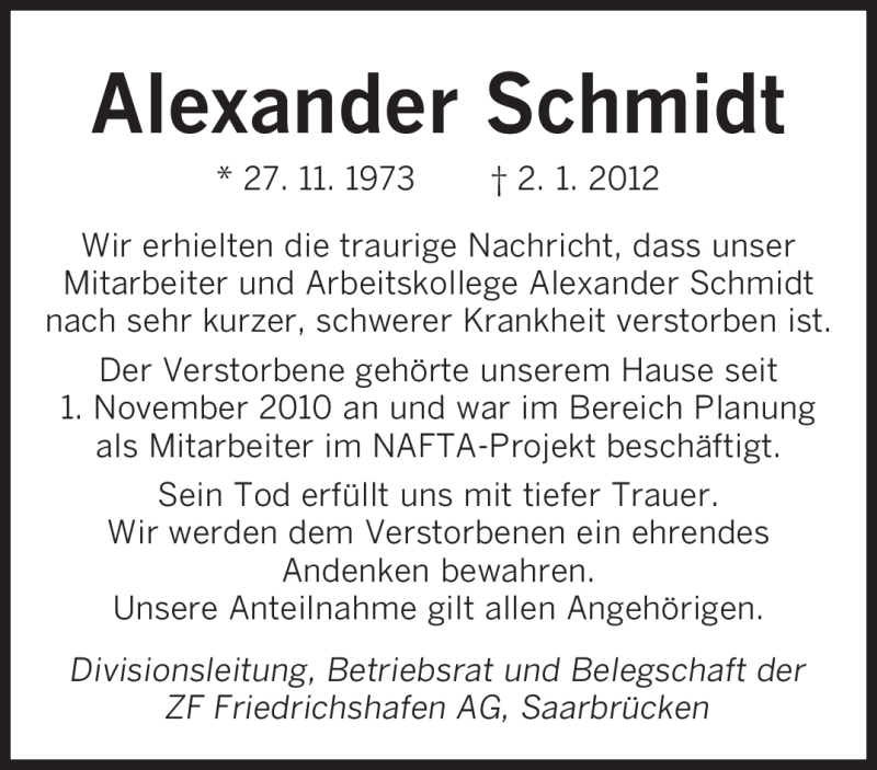  Traueranzeige für Alexander Schmidt vom 13.01.2012 aus SAARBRÜCKER ZEITUNG