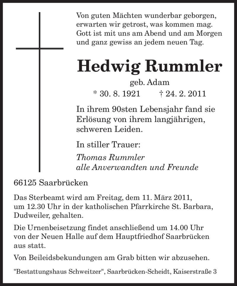  Traueranzeige für Hedwig Rummler vom 05.03.2011 aus SAARBRÜCKER ZEITUNG