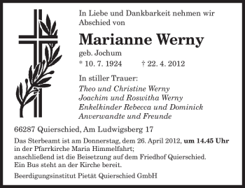 Traueranzeige von Marianne Werny von SAARBRÜCKER ZEITUNG