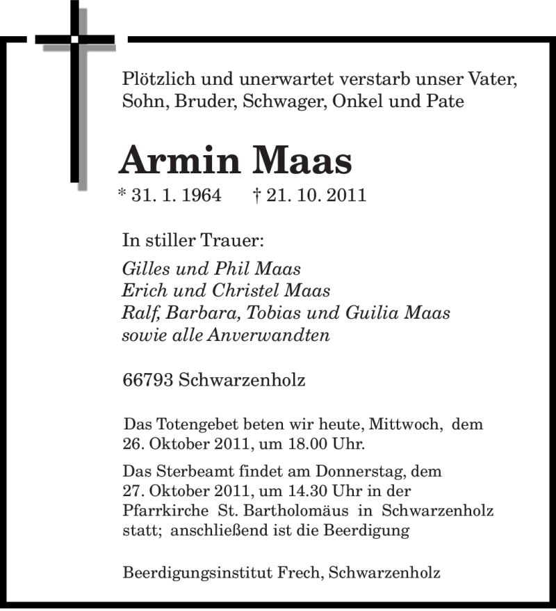  Traueranzeige für Armin Maas vom 26.10.2011 aus SAARBRÜCKER ZEITUNG