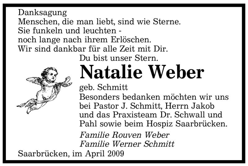  Traueranzeige für Natalie Weber vom 18.04.2009 aus SAARBRÜCKER ZEITUNG