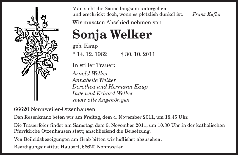  Traueranzeige für Sonja Welker vom 03.11.2011 aus SAARBRÜCKER ZEITUNG
