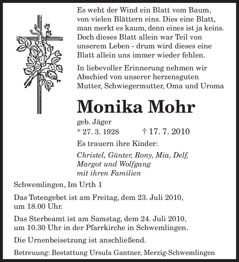  Traueranzeige für Monika Mohr vom 20.07.2010 aus SAARBRÜCKER ZEITUNG
