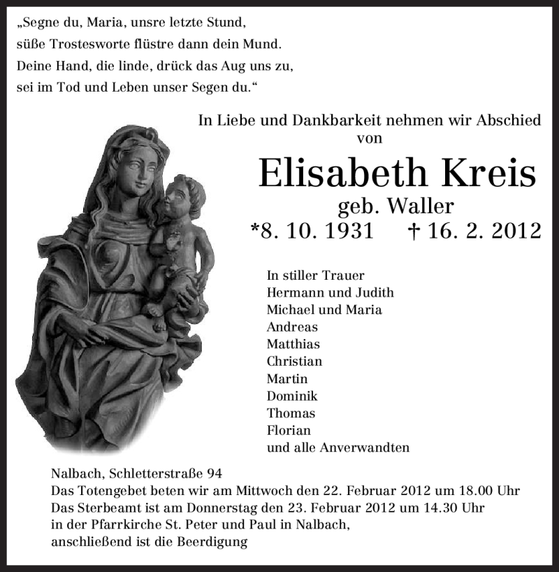  Traueranzeige für Elisabeth Kreis vom 20.02.2012 aus SAARBRÜCKER ZEITUNG