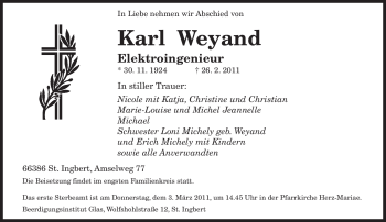 Traueranzeige von Karl Weyand von SAARBRÜCKER ZEITUNG