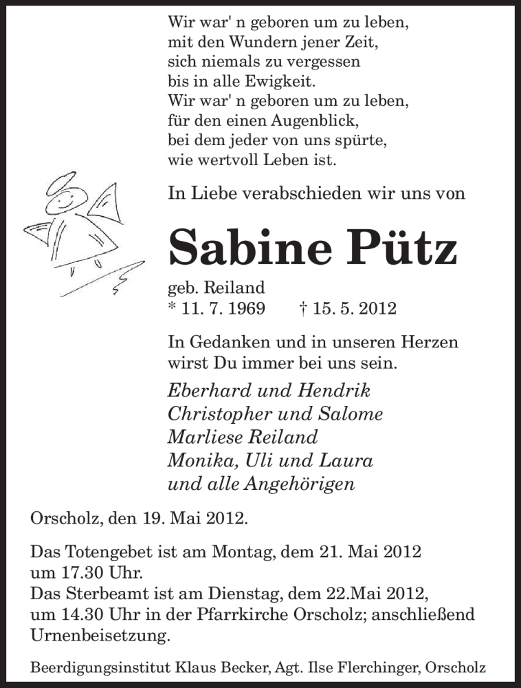  Traueranzeige für Sabine Pütz vom 19.05.2012 aus SAARBRÜCKER ZEITUNG