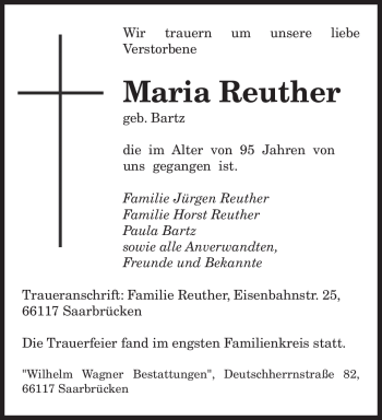 Traueranzeige von Maria Reuther von SAARBRÜCKER ZEITUNG