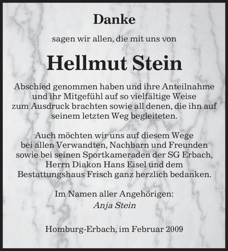  Traueranzeige für Hellmut Stein vom 11.03.2009 aus SAARBRÜCKER ZEITUNG