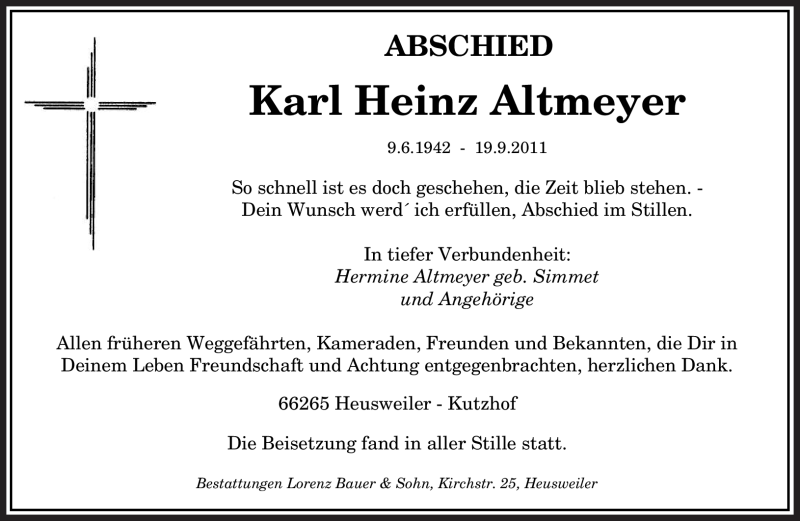  Traueranzeige für Karl Heinz Altmeyer vom 24.09.2011 aus SAARBRÜCKER ZEITUNG