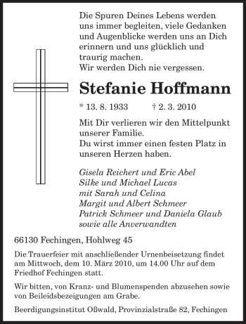 Traueranzeige von Stefanie Hoffmann von SAARBRÜCKER ZEITUNG