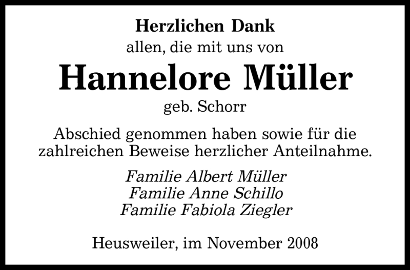  Traueranzeige für Hannelore Müller vom 26.11.2008 aus SAARBRÜCKER ZEITUNG