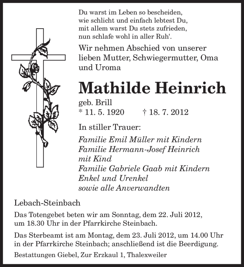  Traueranzeige für Mathilde Heinrich vom 21.07.2012 aus SAARBRÜCKER ZEITUNG