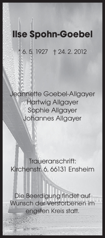 Traueranzeige von Ilse Spohn-Goebel von SAARBRÜCKER ZEITUNG