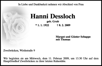 Traueranzeige von Hanni Dessloch von SAARBRÜCKER ZEITUNG