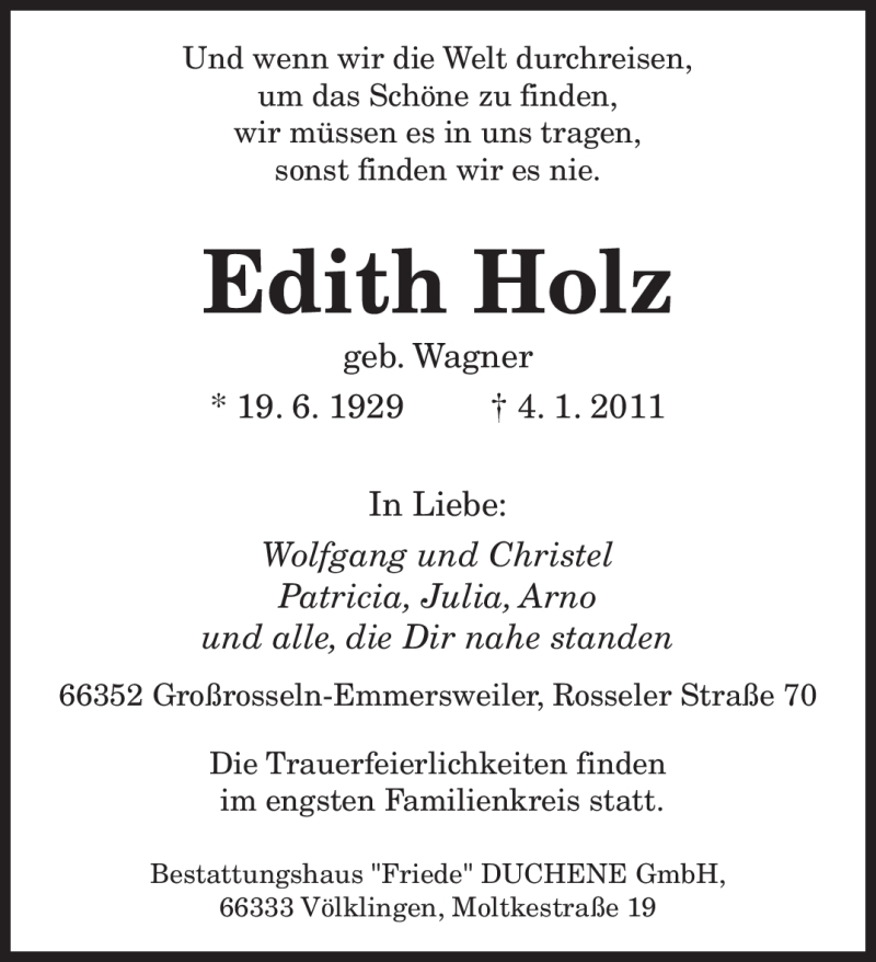  Traueranzeige für Edith Holz vom 08.01.2011 aus SAARBRÜCKER ZEITUNG