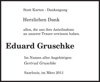 Traueranzeige von Eduard Gruschke von SAARBRÜCKER ZEITUNG
