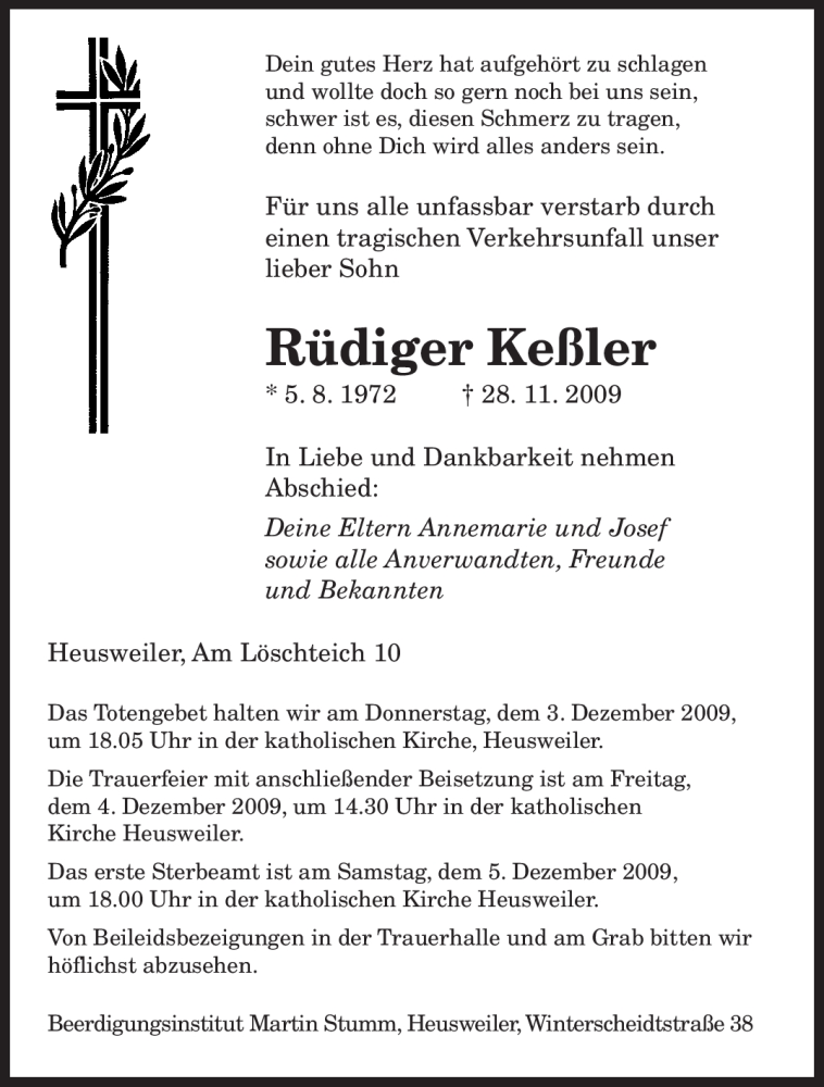  Traueranzeige für Rüdiger Keßler vom 01.12.2009 aus SAARBRÜCKER ZEITUNG