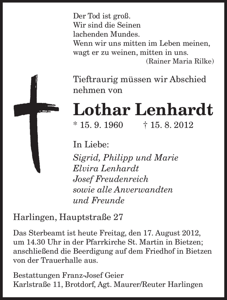  Traueranzeige für Lothar Lenhardt vom 17.08.2012 aus SAARBRÜCKER ZEITUNG