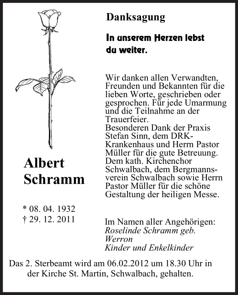  Traueranzeige für Albert Schramm vom 21.01.2012 aus SAARBRÜCKER ZEITUNG
