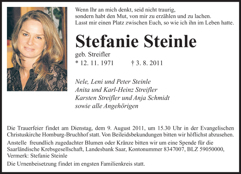  Traueranzeige für Stefanie Steinle vom 06.08.2011 aus SAARBRÜCKER ZEITUNG