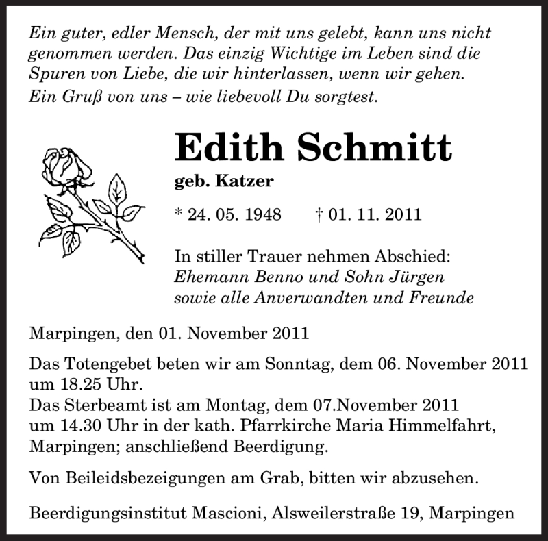  Traueranzeige für Edith Schmitt vom 05.11.2011 aus SAARBRÜCKER ZEITUNG