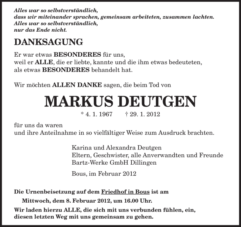  Traueranzeige für Markus Deutgen vom 06.02.2012 aus SAARBRÜCKER ZEITUNG