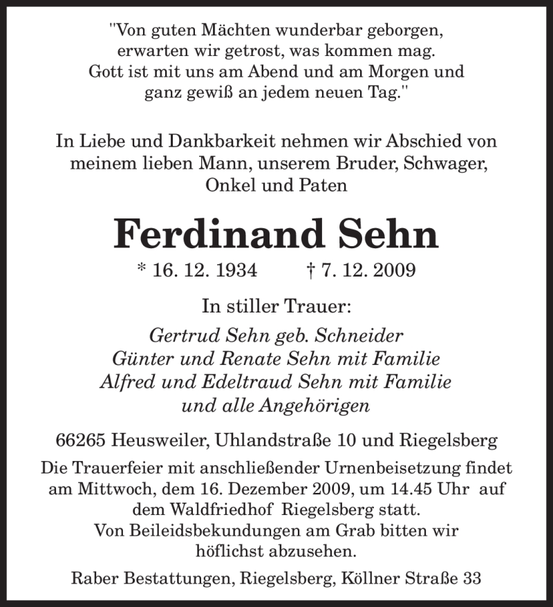  Traueranzeige für Ferdinand Sehn vom 12.12.2009 aus SAARBRÜCKER ZEITUNG