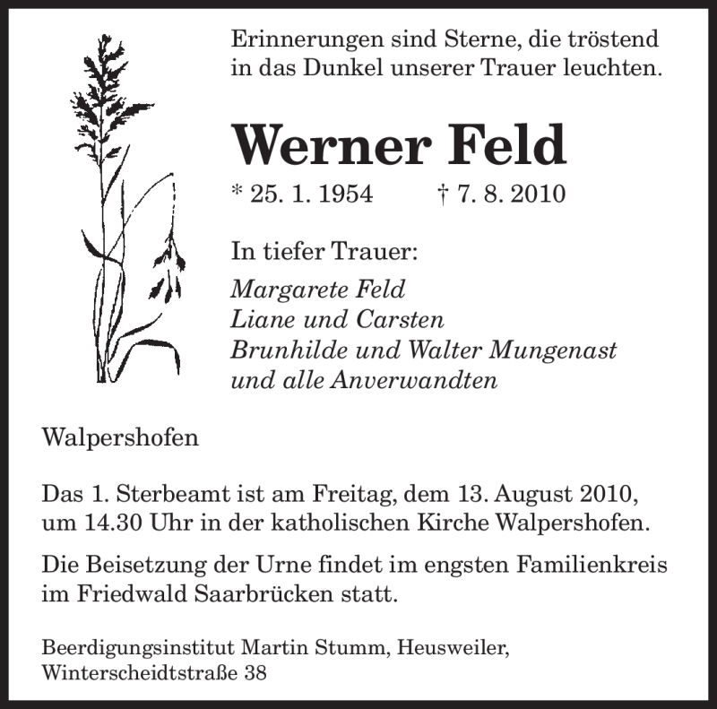  Traueranzeige für Werner Feld vom 11.08.2010 aus SAARBRÜCKER ZEITUNG