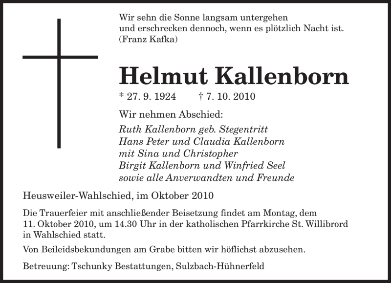  Traueranzeige für Helmut Kallenborn vom 09.10.2010 aus SAARBRÜCKER ZEITUNG