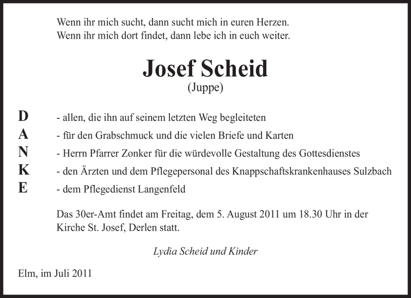  Traueranzeige für Josef Scheid vom 30.07.2011 aus SAARBRÜCKER ZEITUNG