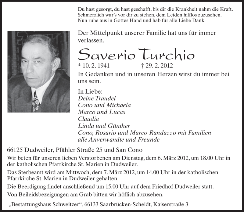  Traueranzeige für Saverio Turchio vom 05.03.2012 aus SAARBRÜCKER ZEITUNG