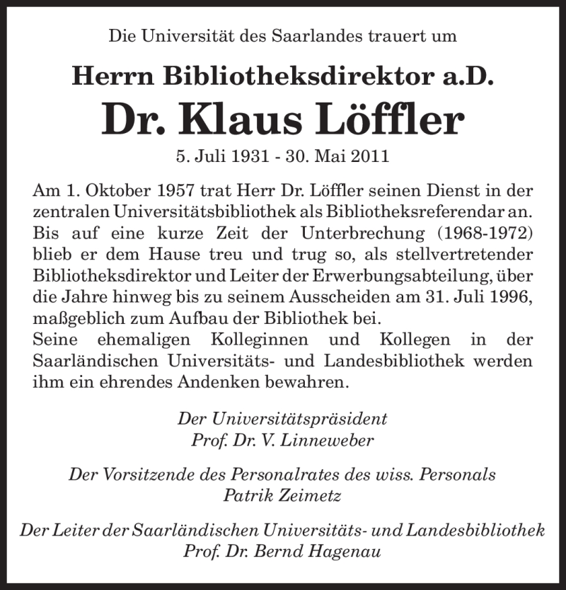  Traueranzeige für Klaus Löffler vom 10.06.2011 aus SAARBRÜCKER ZEITUNG
